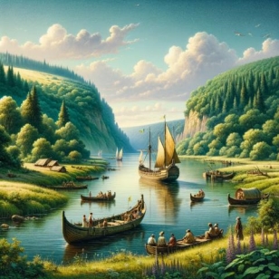 C:\Users\Наталочка\Desktop\DALL·E 2024-03-12 22.11.45 - Create a realistic image depicting the Dnipro River during the times of Taras Shevchenko in Ukraine. The scene should capture the river's natural beau.png